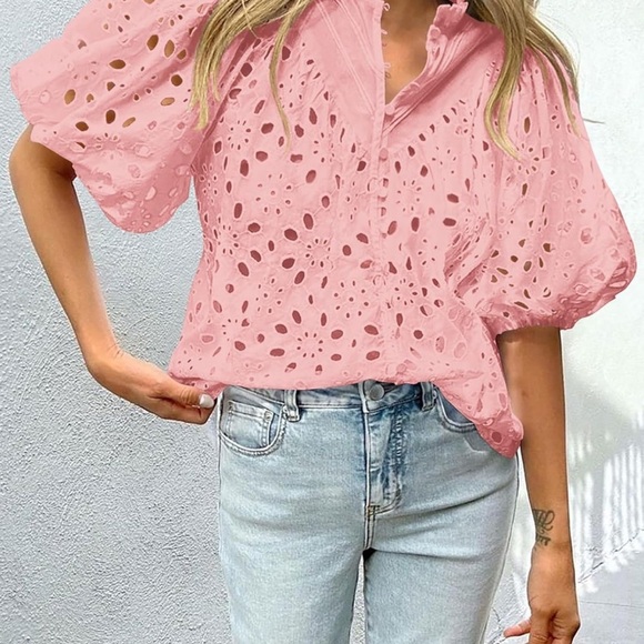 Vacay Vibe Beach-y Pink Eyelet Blouse for Women - Picture 3 of 8